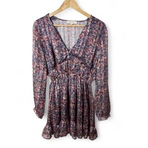Fanco Floral Long Sleeve Mini Dress Size L Sheer Boho Ruffle Hem Festival Vibe